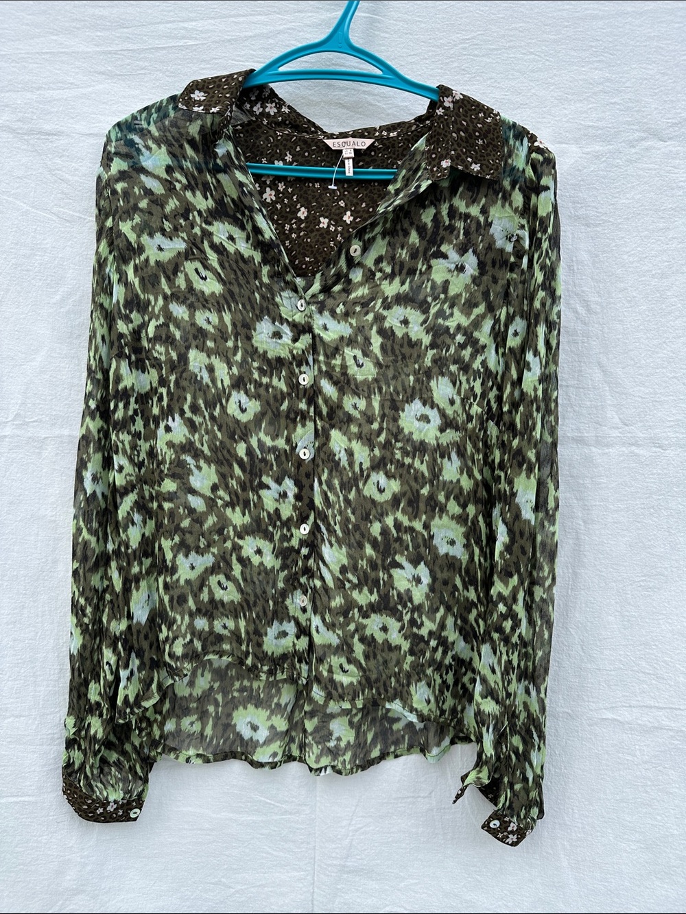 ESQUALO Green & Black Floral Sheer Button-Down Shirt